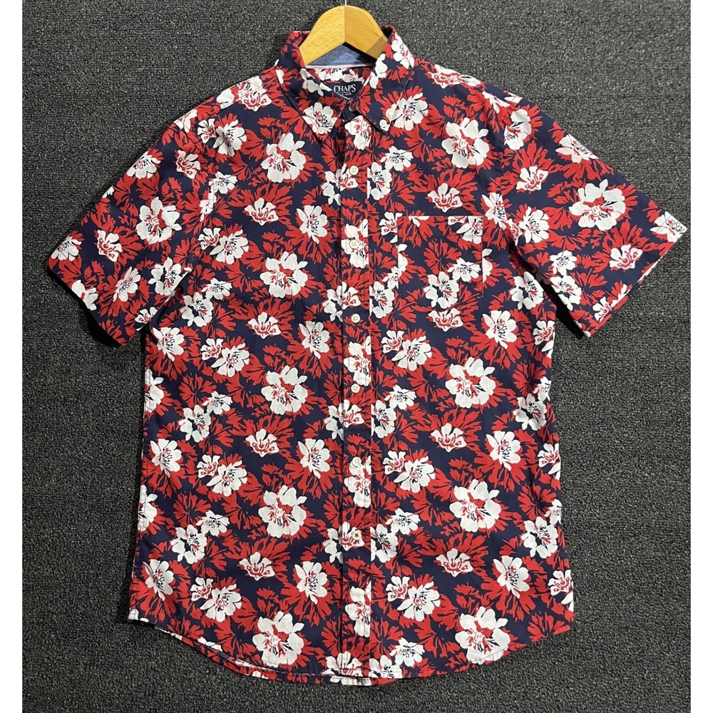Chaps Men's Short Sleeve Button Down Hawaiian Shirt Navy Red Floral‎ Size M